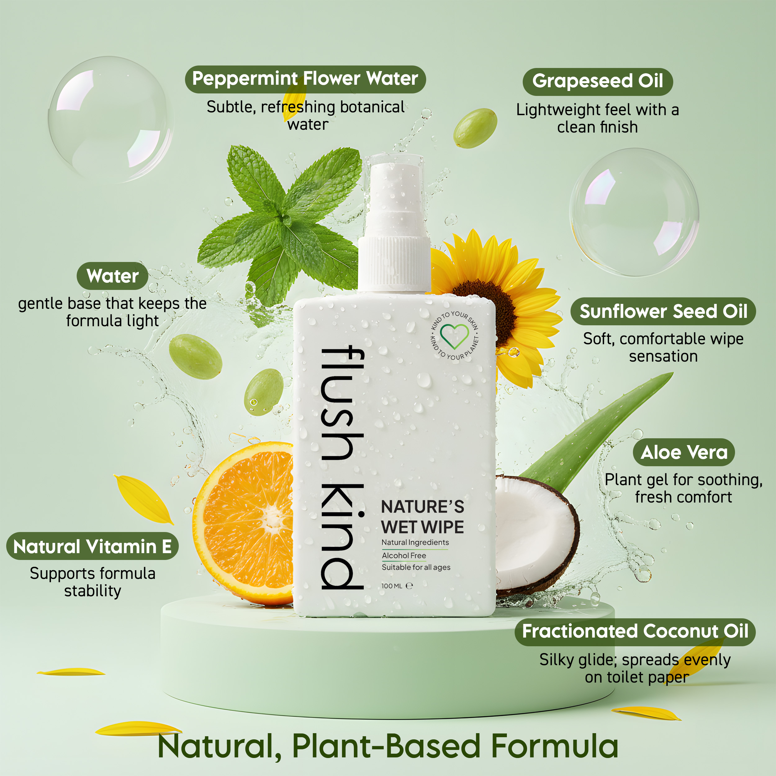 Flush Kind natural ingredients: aloe vera, coconut, grapeseed oil, sunflower oil, vitamin E