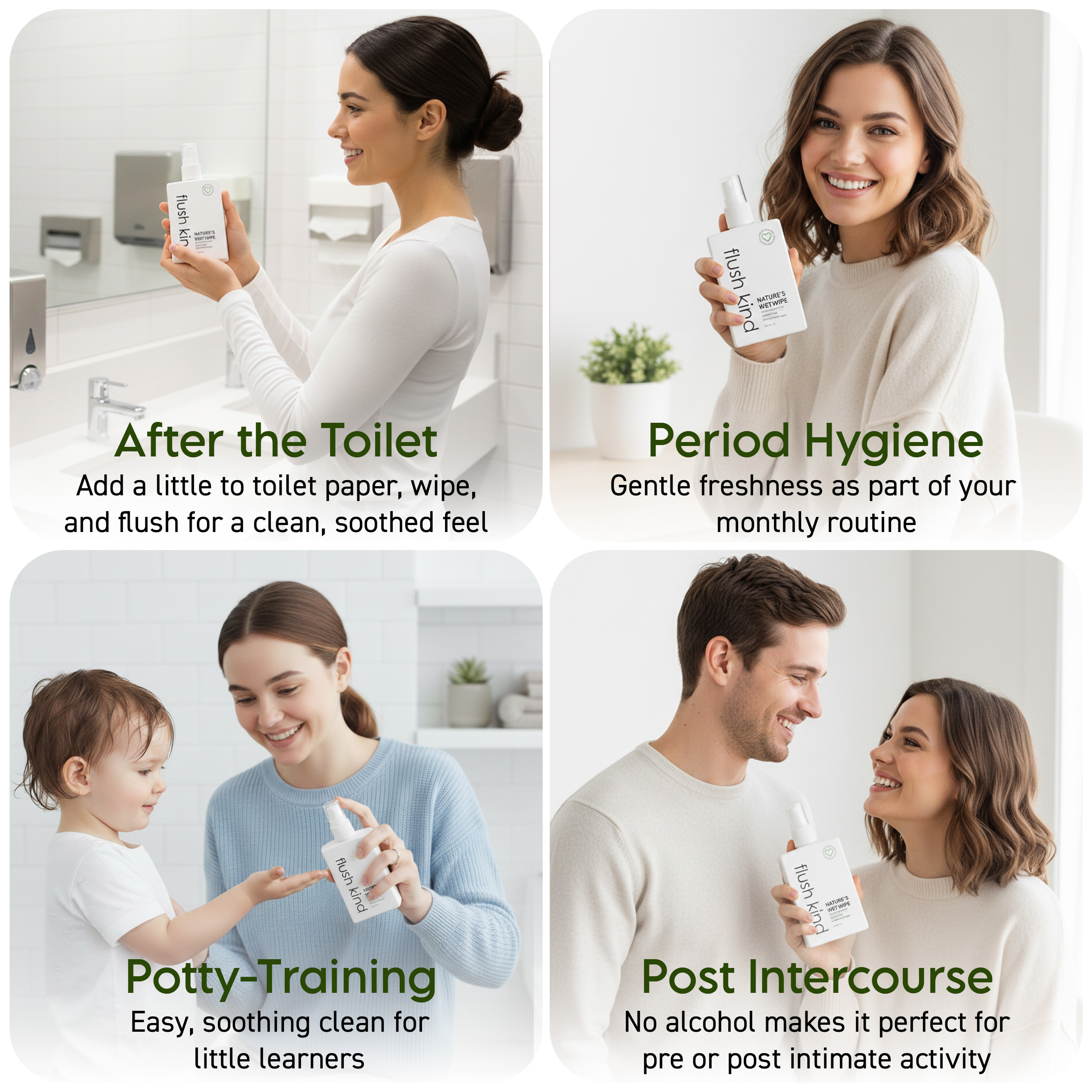 Flush Kind use cases: after the toilet, period hygiene, potty-training, post intercourse